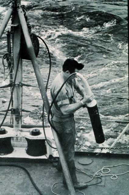 Deployment of towed magnetometer on C&GS Ship PIONEER. Picture