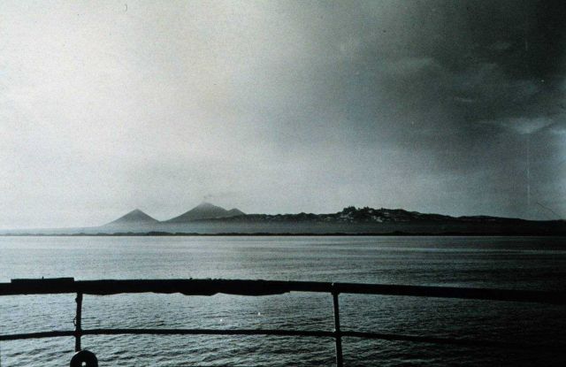 Pavlof's Sister on the left, Pavlof Volcano in the center Picture