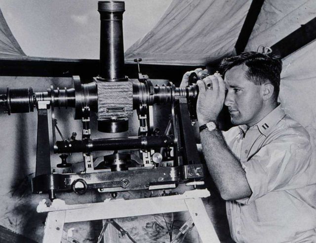 Lieutenant Eugene Taylor observing with Bamberg instrument Picture