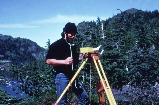 Operating a model CA1000 Tellurometer which was a microwave distance measuring instrument. Picture