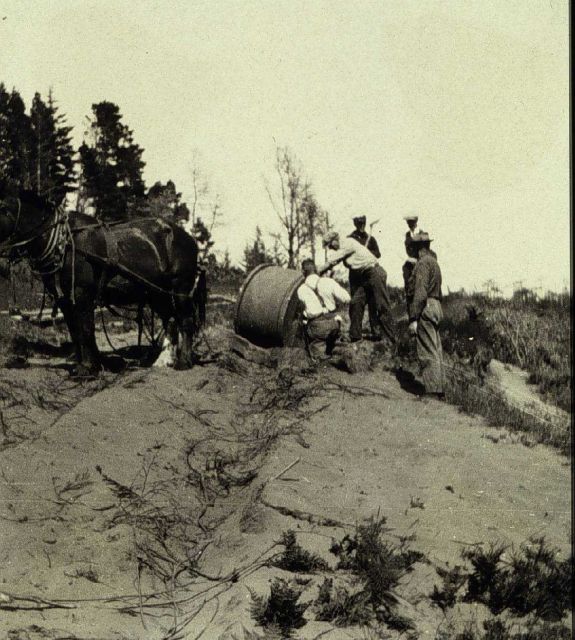 Cable drum being pulled by horses across dunes Picture