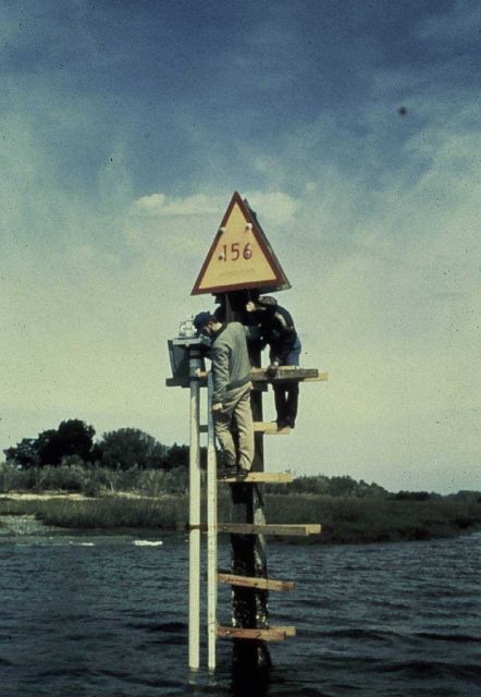 Tending tide gauge in intracoastal waterway. Picture