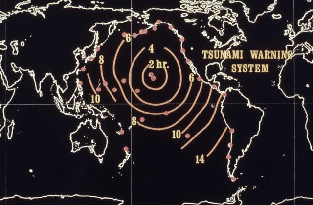 Time lines for tsunami paths from various epicenters to Hawaii. Picture