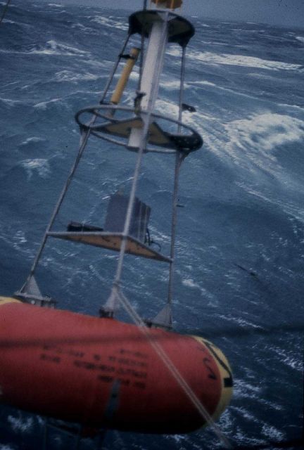 Deploying deep-sea oceanographic buoy in rough seas Picture