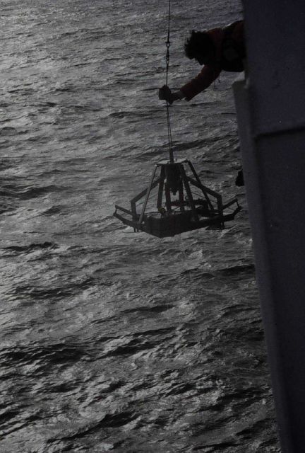 Spring loaded grab sampler being deployed from PEIRCE Picture