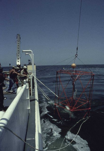 Bottom mounted current meter being deployed from FERREL Picture