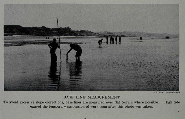 Measuring a baseline at low tide across reef area. Picture