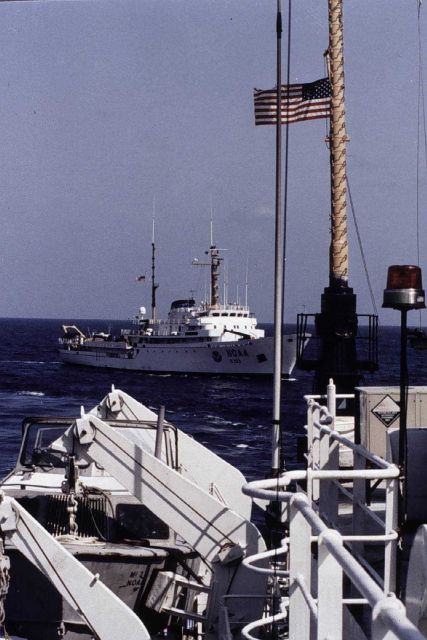 NOAA Ship MALCOLM BALDRIGE crossing stern of NOAA Ship MT Picture