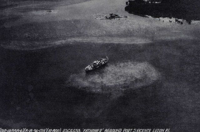 Aerial view of the FATHOMER aground after typhoon of August 15, 1936 Picture