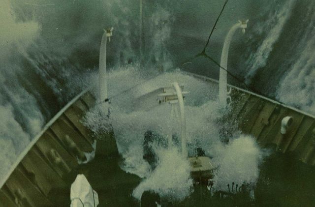 The bow of the SURVEYOR on a nasty North Pacific day. Picture