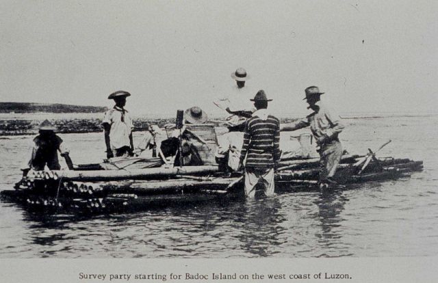 A C&GS survey party starting for Badoc Island on a bamboo raft. Picture
