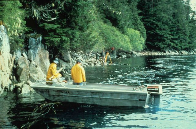 Leveling can be difficult on a shear rocky shoreline. Picture