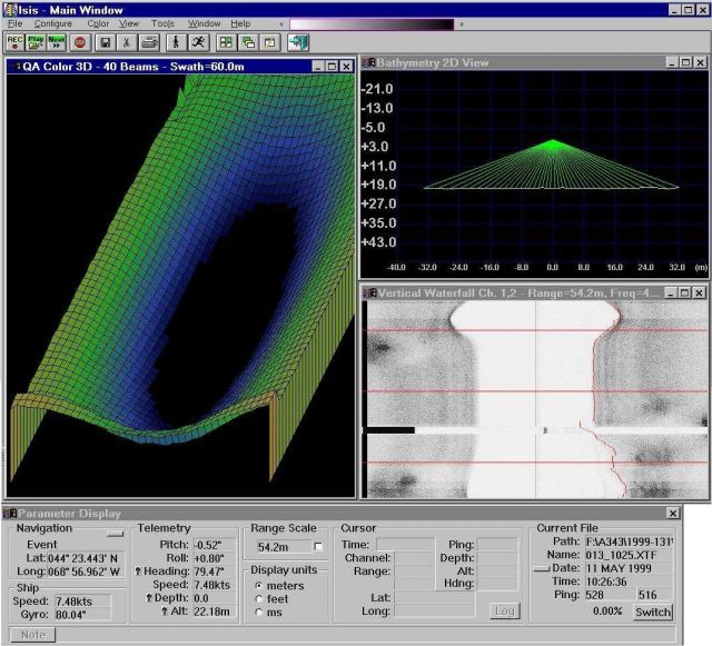 A computer generated depth display of an elongate basin on the NOAA Ship RUDE and a sidescan image in lower right Picture