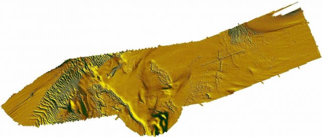 Shaded relief model of seafloor showing pronounced sand wave field on left of image Picture