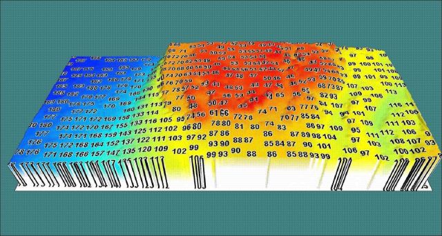 Multi-beam false color and printed depth presentation of Diamond Shoal. Picture