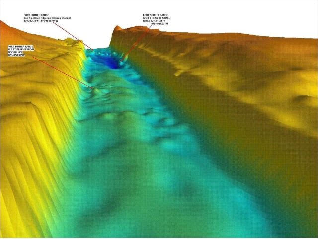Multi-beam sounding image of Fort Sumter Range, Charleston Harbor, showing potential hazards to shipping in dredged channel. Picture