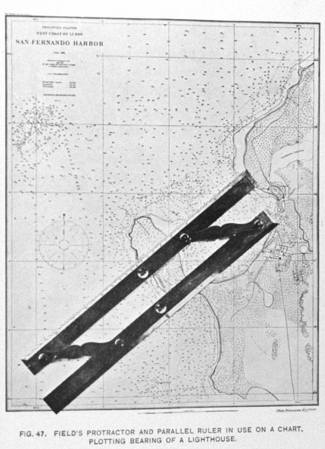 Field's protractor and parallel ruler in use on a chart, plotting bearing of a lighthouse Picture
