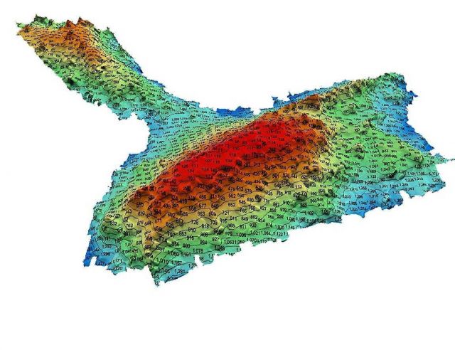 Colored 3-D image of Bowie Seamount in the Gulf of Alaska with overlayed depths. Picture