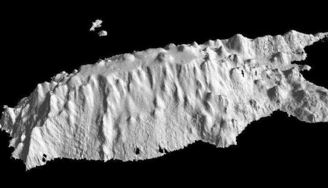 Grey-scale 3-D image of Bowie Seamount derived from multi-beam sounding data. Picture