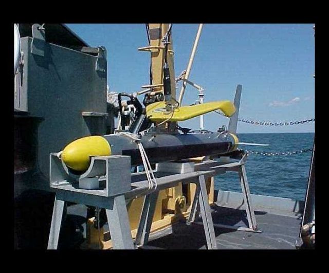 Towed sidescan sonar fish with depressor kite for helping maintain elevation off bottom. Picture
