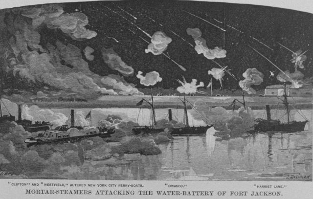 Mortar-steamers attacking the water-battery of Fort Jackson during the Battle of New Orleans. Picture