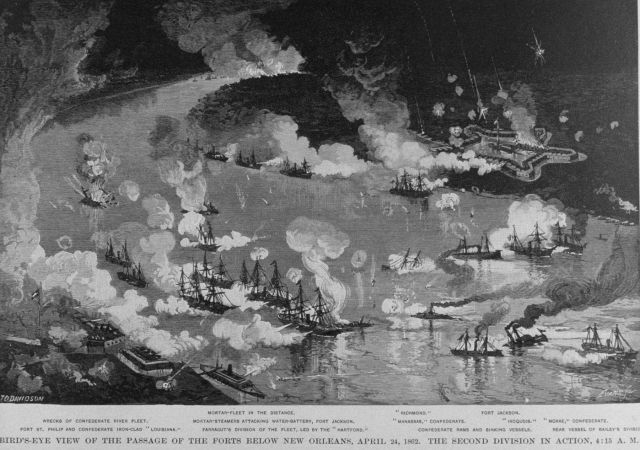 Bird's-eye view of the passage of the forts below New Orleans. Picture