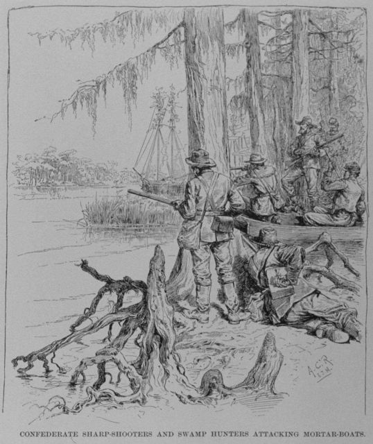 Confederate sharp-shooters attacking the mortar-boats during the Battle of New Orleans. Picture