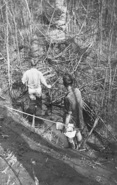 Level crew slogging through a swamp. Picture