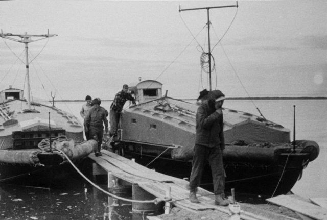 After the ice receded, these boats were used for hydrography in the Beaufort Sea . Picture