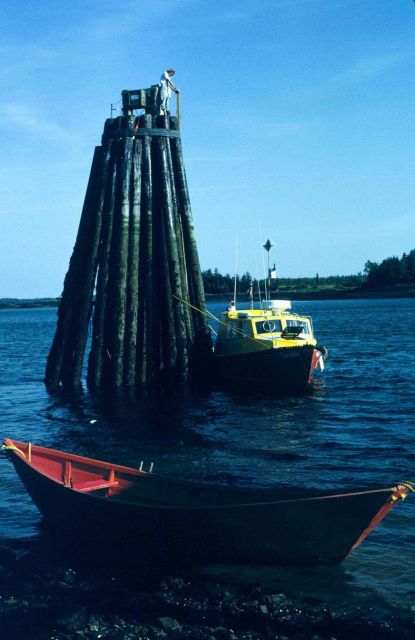 Canadian Hydrographic Service launch checking NOAA tide gauge during international cooperative charting project on Passamaquoddy Bay Picture
