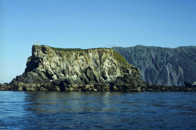 Signal built at Gull Rock for triangulation observations at entrance to Port Etches on the east side of Prince William Sound. Picture