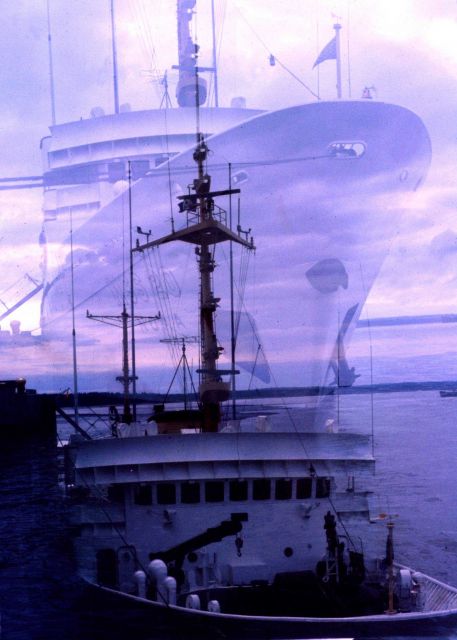 Double exposure of NOAA Ship FAIRWEATHER taken from same location at high and low tide at the pier at Anchorage Picture