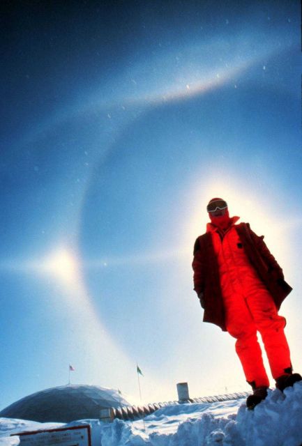 A magnificent halo South Pole Station is visible in the background Picture