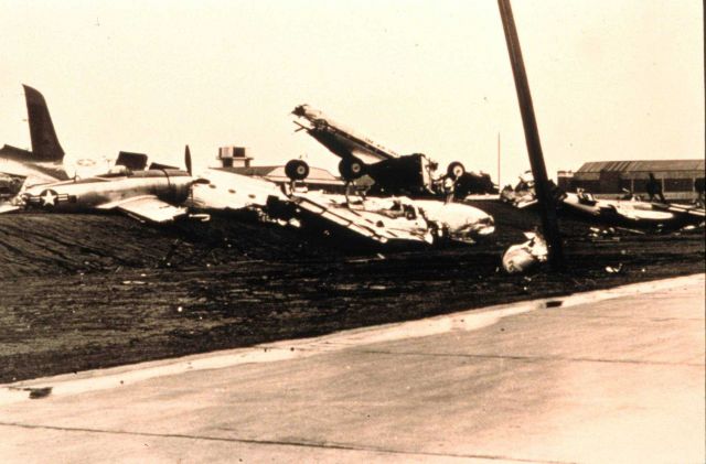 Airplanes thrown about like toys by tornado Tornado of March 20, 1948 at Tinker Air Force Base, Oklahoma Picture