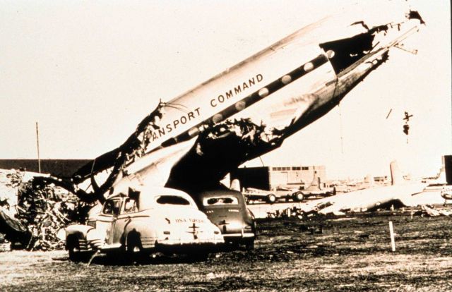 Remains of a large military aircraft after passage of tornado Tornado of March 25, 1948 at Tinker Air Force Base, Oklahoma The coming of this storm re Picture