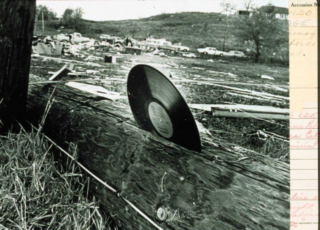 The awesome power of a tornado demonstrated A 33rpm plastic record blown into a telephone pole Picture