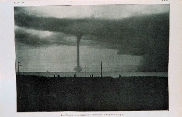 The Great Waterspout in Vineyard Sound, August 19, 1896 Second spout of the storm Photograph taken from Cottage City at 1:02 P.M In: Monthly Weather R Picture