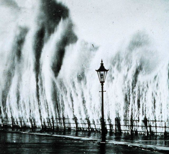 Waves striking seawall give appearance of geysers erupting Picture