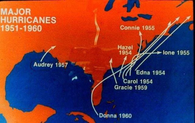 Major hurricanes striking the United States coastline 1951-1960 Note concentration of storms on East Coast Picture