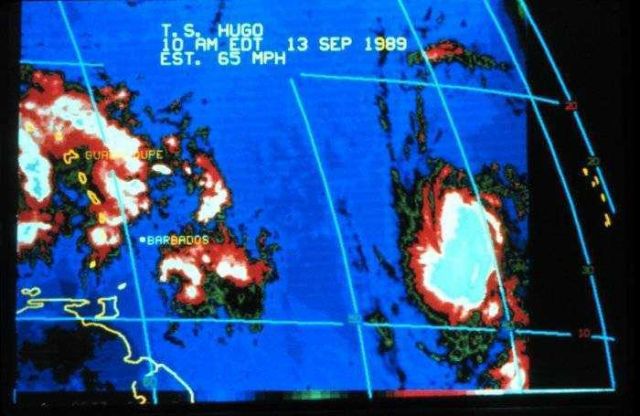 Enhanced infrared imagery of Tropical Storm Hugo on September 13, 1989 Storm beginning to develop far out in the tropical Atlantic Ocean Wind speed is Picture