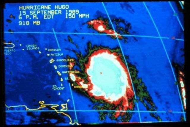 Enhanced infrared imagery of Hurricane Hugo on evening of September 15, 1989 Storm just east of Martinique - 918 mb low Category 5 on Saffir-Simpson H Picture