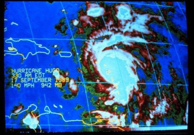 Enhanced infrared imagery of Hurricane Hugo early morning of September 17, 1989 Hugo, now a Category 4 storm, was centered over Guadeloupe Picture