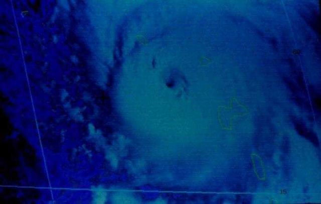 Visible spectra satellite image of Hurricane Hugo on September 17, 1989 Hugo, now a Category 4 storm, was centered over Montserrat Picture