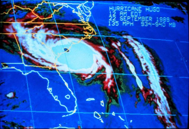 Enhanced infrared imagery of Hurricane Hugo morning of September 18, 1989 The eye is over the coast near Charleston, South Carolina Picture