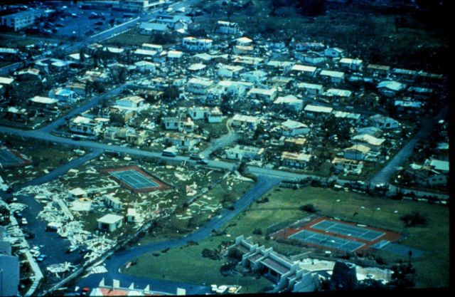 Damage to new condominium and effect of airborne debris on downstream houses Hurricane Hugo Picture