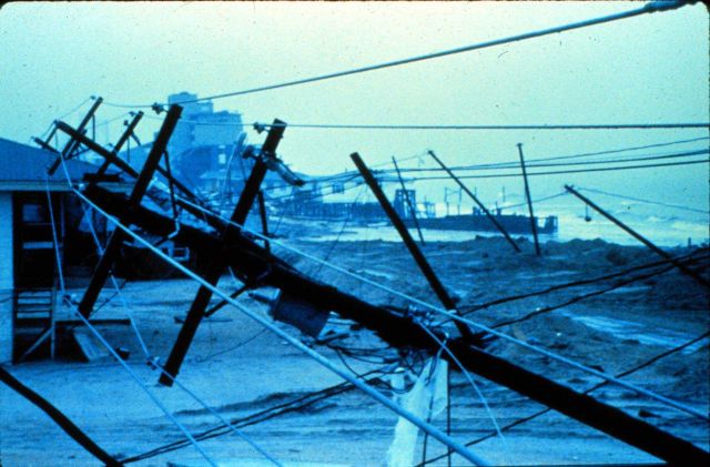 Utility poles and lines down in Garden City, South Carolina After passage of Hurricane Hugo Picture