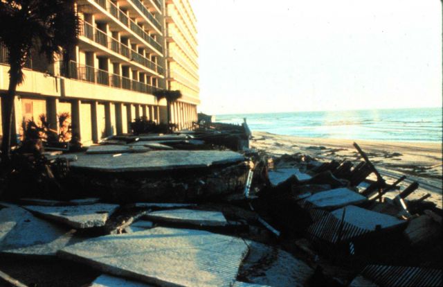 Exterior damage to the Holiday Inn at Myrtle Beach, South Carolina After passage of Hurricane Hugo Picture