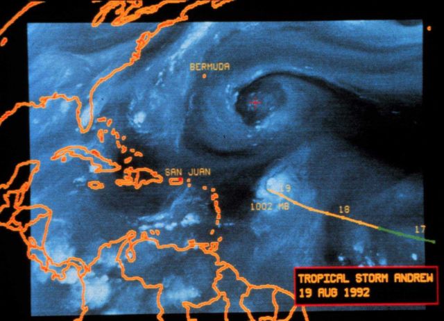 Hurricane Andrew - water vapor satellite image by METEOSAT 3 August 19, 1992 image also shows upper level low to the north of Andrew Picture