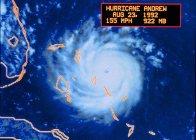 Hurricane Andrew - visible satellite image taken by METEOSAT 3 This picture depicts Andrew during period of maximum intensity over Bahamas August 23,  Picture
