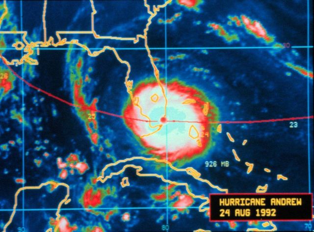 Hurricane Andrew - infrared image taken by GOES 7 Andrew is crossing the Florida coast and making landfall August 24, 1992, at Dade County, Florida Picture